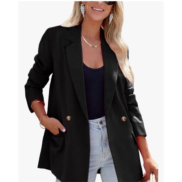 New Black Blazer Button Lapel Career Blazer Pockets L - Picture 1 of 5